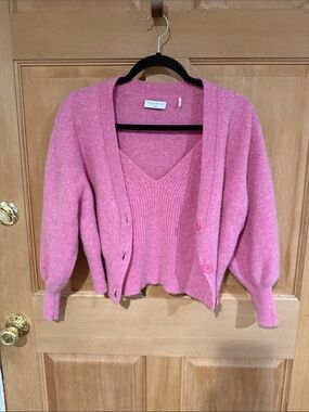 Sandro Pink V-Neck Sweater and Button Cardigan Set, wool cashmere size S